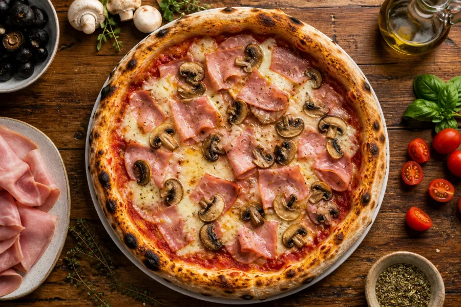 Pizza royale jambon et champignons Chez Nino.
