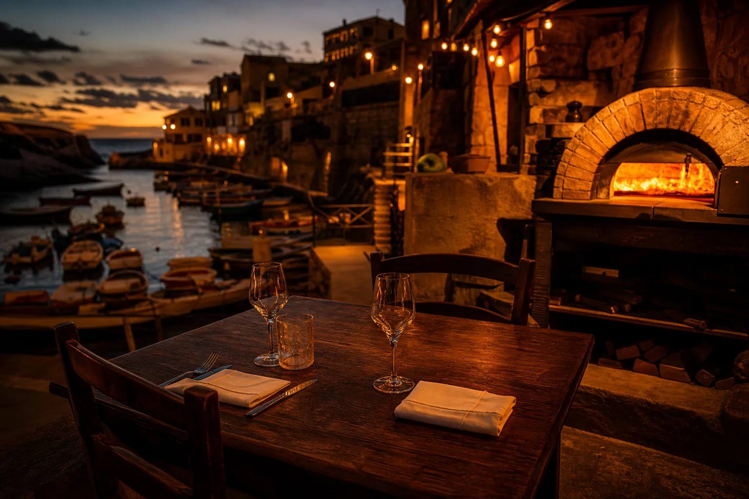 Terrasse de Chez Nino au crépuscule, tables dressées face au port du Vallon des Auffes