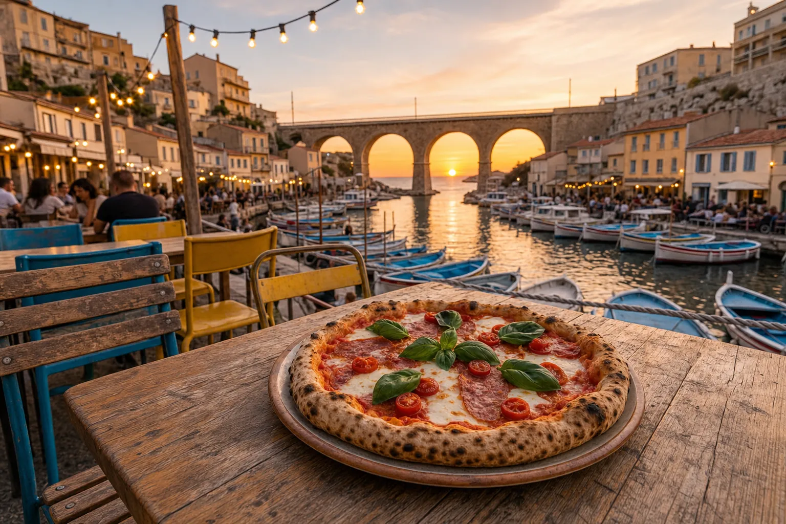 Pizza au feu de bois sur une table, ambiance méditerranéenne