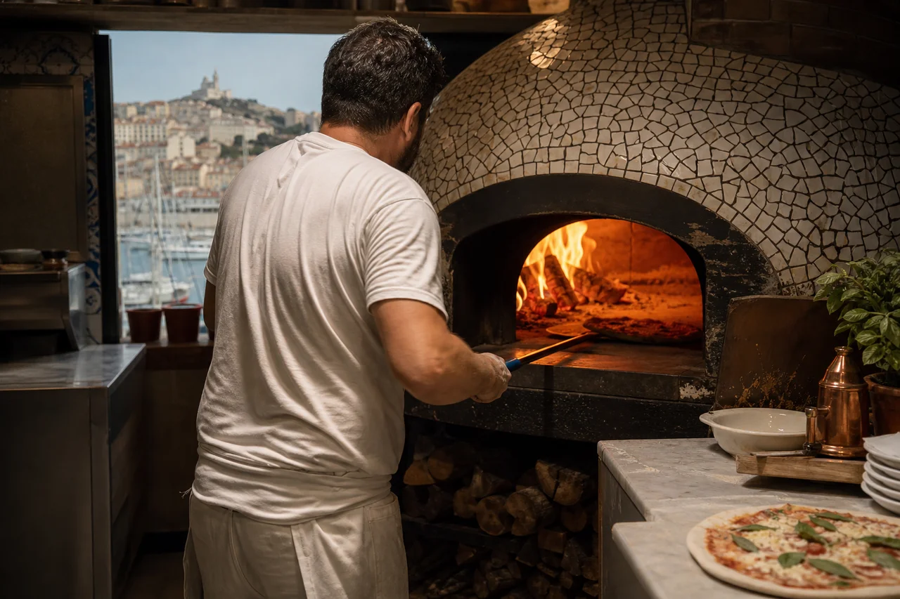 Pizzaiolo de Chez Nino enfournant une pizza dans le four à bois