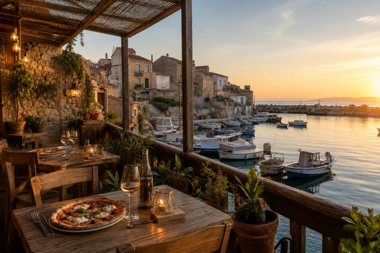 Terrasse de Chez Nino dressée face au port, vue sur la mer