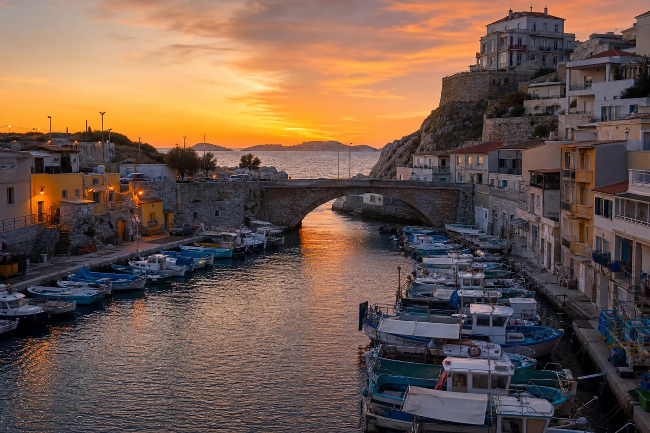 Le port du Vallon des Auffes à Marseille au coucher du soleil, barques amarrées devant les maisons de pêcheurs
